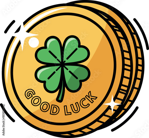 Golden Coin with Four-Leaf Clover and "Good Luck" Text