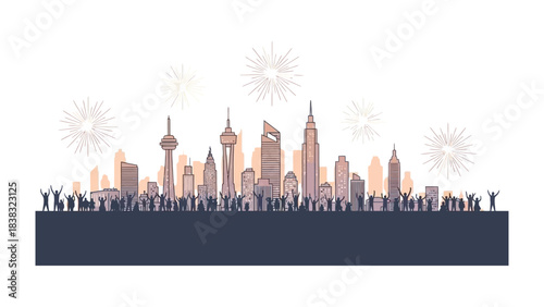 Cityscape Celebration: Witness a stunning silhouette of an iconic cityscape under a dazzling display of fireworks, celebrating the vibrant energy and spirit of the urban landscape.