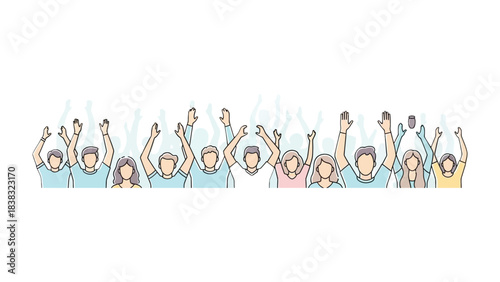 Unity and Joy: Group of diverse people with arms raised in unison and excitement, celebrating together, capturing a sense of community and exhilaration.