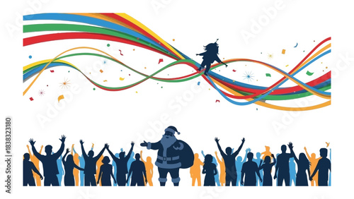 Celebratory Santa Claus Silhouette: An exuberant Santa Claus figure leads a festive crowd in a celebratory display, accentuated by dynamic streaks and cheerful confetti.