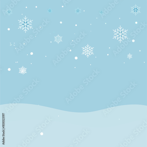 Falling snowflakes on light blue background with snowdrift at bottom white