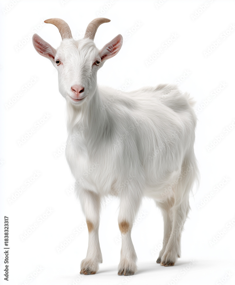 Fototapeta premium White goat standing confidently isolated on white background.