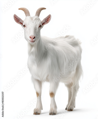 White goat standing confidently isolated on white background.
