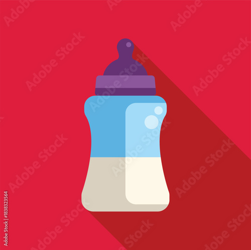 Baby bottle full of milk, simple flat design illustration with long shadow on red background