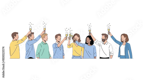 Celebration Toast: A diverse group of individuals come together to celebrate with champagne flutes, exuding joy and camaraderie.
