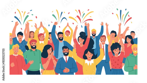 Celebrating Triumph: A vibrant and diverse crowd of people joyfully celebrates a moment of success, confetti raining down, embracing the spirit of achievement. 