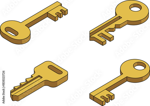 3D golden keys, isometric key set, gold house keys, security keys, locksmith icons, metal key collection, access keys illustration