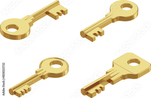 3D golden keys, isometric key set, gold house keys, security keys, locksmith icons, metal key collection, access keys illustration