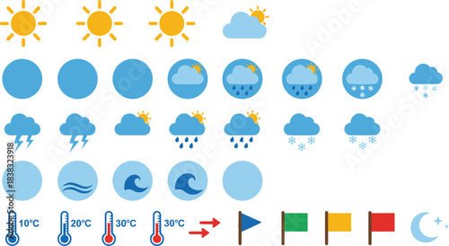 Set of Modern Weather Icons Representing Forecast, Climate, Temperature, Sun, Rain, Snow, Waves, and Thermometer Measuring Degrees Celsius Vector Elements.