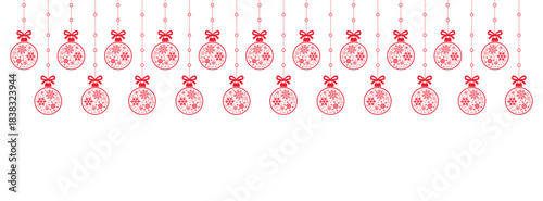 Minimal Christmas background with hanging red baubles and white snowflake icons on clean white space, festive horizontal border for holiday greeting cards, invitations, web banners, and winter designs