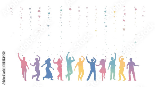 Colorful Silhouette Celebration: A vibrant silhouette of diverse individuals dances with unrestrained joy, immersed in a moment of festive celebration under the whimsical showers.