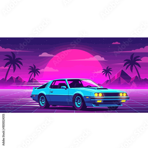80s Retro Synthwave Sports Car with Neon Sunset and Palm Trees