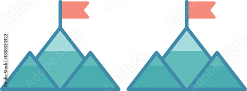 mountain icon, summit flag, peak illustration, flat design mountains, success icon, achievement symbol, minimal landscape, adventure graphic, blue mountains