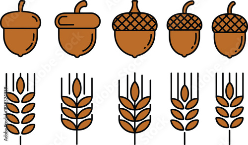 acorn icons, wheat icons, autumn harvest symbols, fall season graphics, outline icons, filled icons, nature elements, rustic food symbols