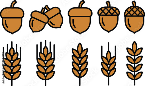 acorn icons, wheat icons, autumn harvest symbols, fall season graphics, outline icons, filled icons, nature elements, rustic food symbols