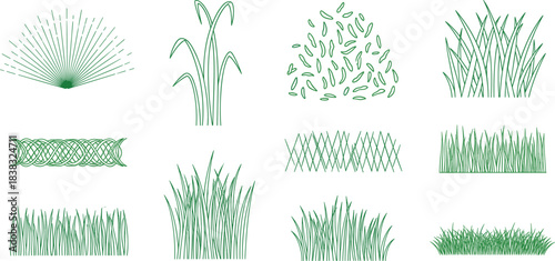 Vector Collection of Simple Green Line Art Drawings of Assorted Grass Tufts and Blades