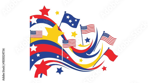 Patriotic Display: A vibrant display of national flags with stylized stars and stripes, evoking a sense of patriotism and pride.