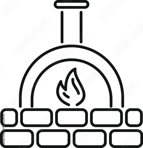 Traditional brick oven with burning firewood and chimney cooking food, line drawing