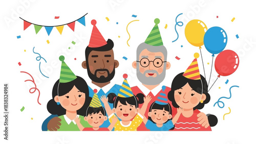 Celebration of Family Moments: A multi-generational family comes together for a joyous celebration, embracing the spirit of togetherness with balloons and confetti in a vivid scene of happiness.