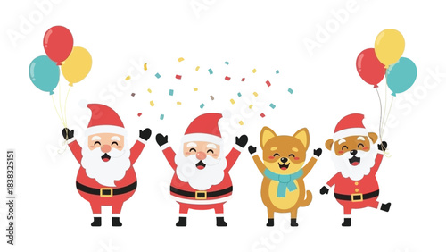 Festive Group Cheer: Joyful figures, with Santa and canine companions, bring holiday cheer, balloons and confetti dancing in the air, capturing the spirit of celebration and togetherness.
