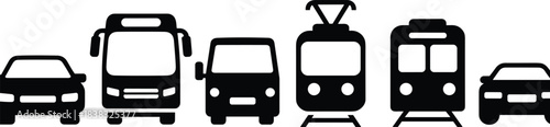 Transportation silhouette icons of car, bus, minibus, tram, train, taxi, black and white vehicle symbols, public transit pictogram set