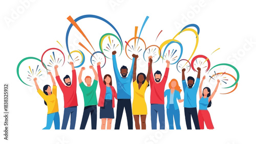Unified Celebration: A vibrant collective of individuals, unified in their elation and raised arms celebrating achievement and success. Capturing joy, diversity.
