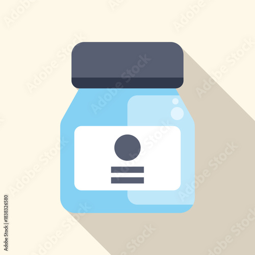Closed light blue glass jar with blank label, dark lid, and long shadow, representing storage, medicine, or other products