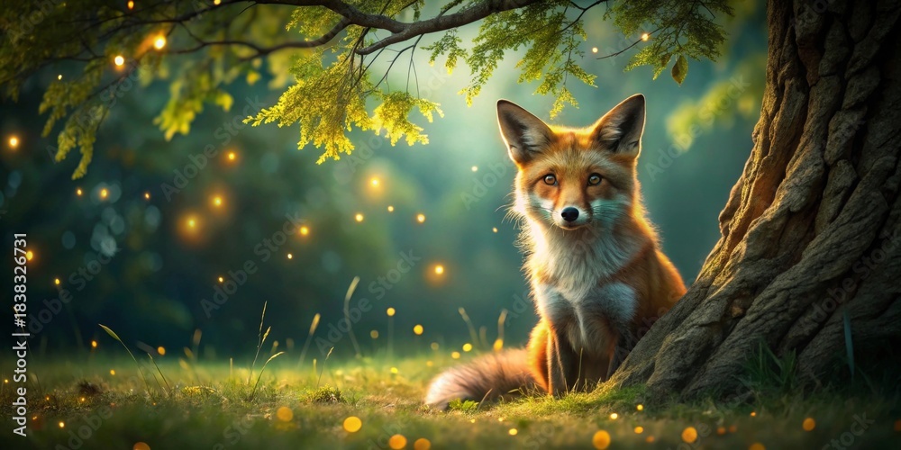 Naklejka premium A Majestic Red Fox Sits Serene Beneath a Canopy of Glowing Lights in a Tranquil Forest Setting