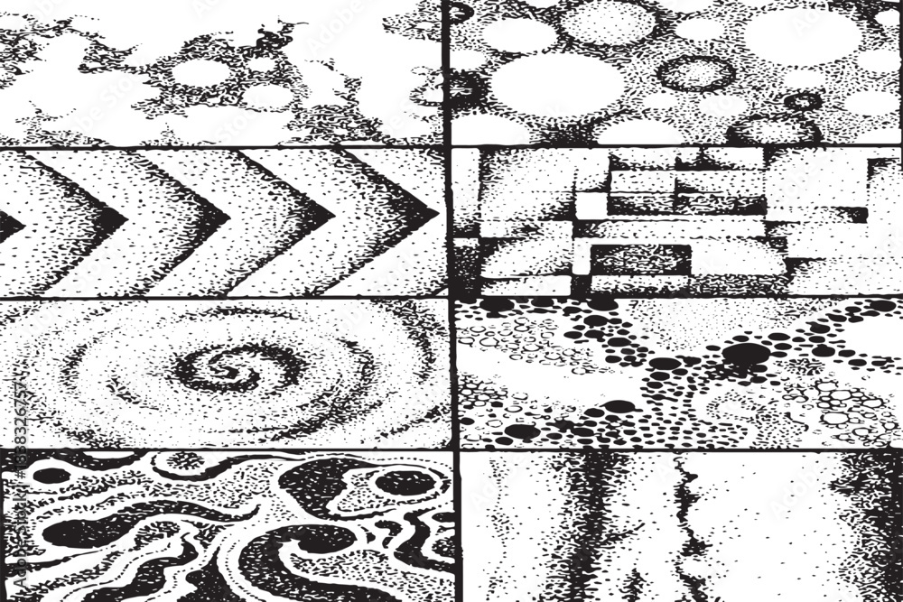 Obraz premium Collection of Black and White Halftone and Stipple Dot-Work Abstract Patterns