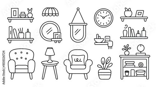 Set of simple line art drawings depicting various cozy living room furniture items suitable for interior design website graphics.