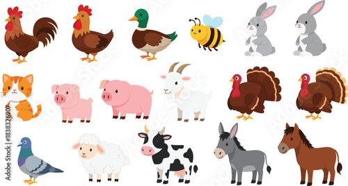 A large, colorful cartoon vector collection of various domestic farm animals including chickens, pigs, cow, goat, sheep, turkey, rabbit, duck, cat, and horse.