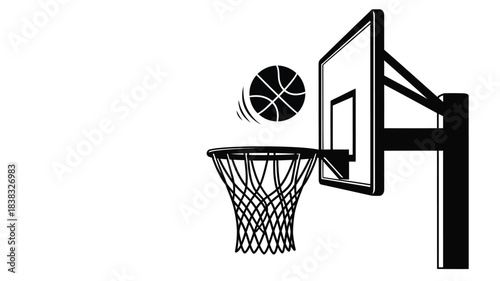 A simple black and white illustration of a basketball hoop and ball