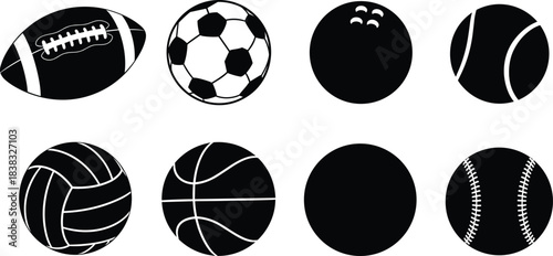 Set of black and white sports balls silhouettes, including football, basketball, soccer, baseball, tennis, bowling, and volleyball, isolated team game vector illustration on white.