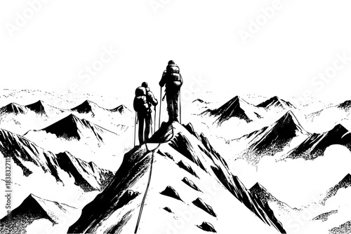 Two people are standing on a mountain top, looking out over a vast, snowy landscape. The scene is serene and peaceful, with the mountains in the background creating a sense of awe and wonder