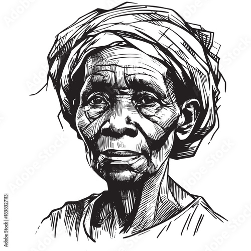 A woman with a scarf on her head. She has a serious expression on her face. The drawing is in black and white