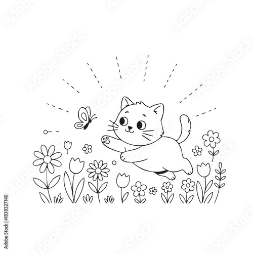 A cat is chasing a butterfly in a field of flowers. The cat is in the middle of the image and the butterfly is on the right side. The flowers are scattered throughout the field