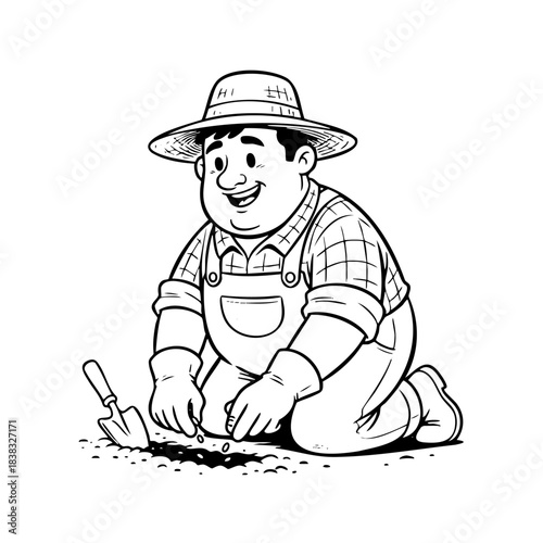 A cartoon gardener planting seeds in the ground, a coloring sketch.