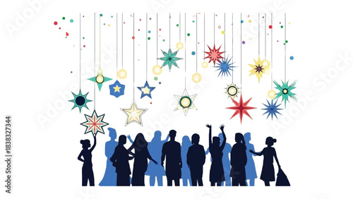Celebration of Silhouette: An artistic representation of a celebratory gathering. People stand beneath a cascade of colorful, hanging decorations.