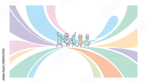 Harmony of Movement: Delicate figures gracefully dance, their movements painting trails of vibrant color against a backdrop of flowing hues, celebrating the freedom of expression.