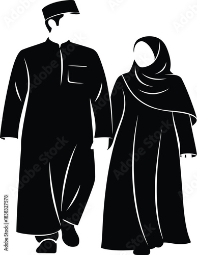 Traditional muslim couple silhouette walking together in black and white