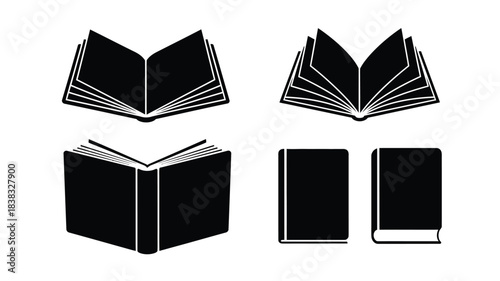 Black silhouette illustrations of various open and closed books arranged neatly