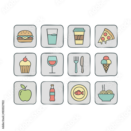 Culinary Delights: An array of delightful food and beverage icons, depicting culinary pleasures and diverse flavors, each item in its own box.