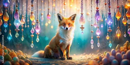A Majestic Red Fox Serenely Seated Amidst a Dreamlike Enchantment of Sparkling, Shimmering, Colorful Orbs and Stones