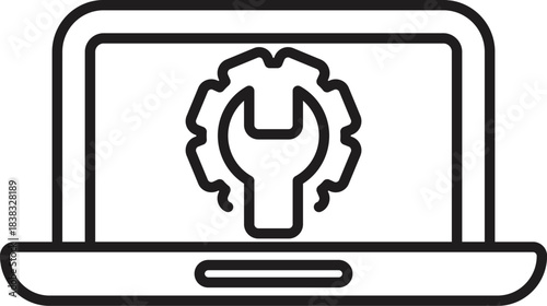 Laptop displaying wrench and gear icon, symbolizing technical support, maintenance, and computer repair services
