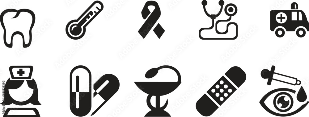 Fototapeta premium Healthcare and medical vector icons set including ambulance thermometer pill bandage and other medical supplies