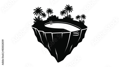 A floating island featuring palm trees and a tranquil swimming pool