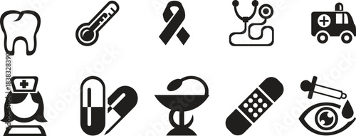 Healthcare and medical vector icons set including ambulance thermometer pill bandage and other medical supplies