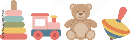 cute baby toys, stacking rings, toy train, teddy bear, spinning top, kids toys, nursery illustration, pastel toys, children’s clipart