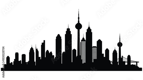A striking black silhouette of a modern city skyline against a white background