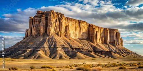 A majestic sandstone formation rises against a vibrant sky, its weathered texture and dramatic shadows telling a story of time and erosion.